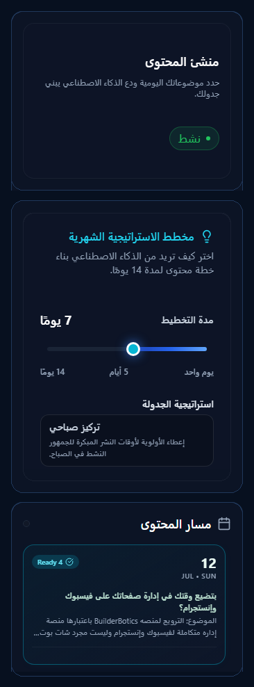 واجهة منشئ المحتوى تعرض ملخص النشر ومخطط المحتوى والجدولة